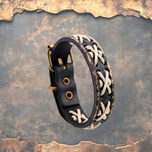 Mens Faux Brown Leather Snap Bracelet Beige X Stitching